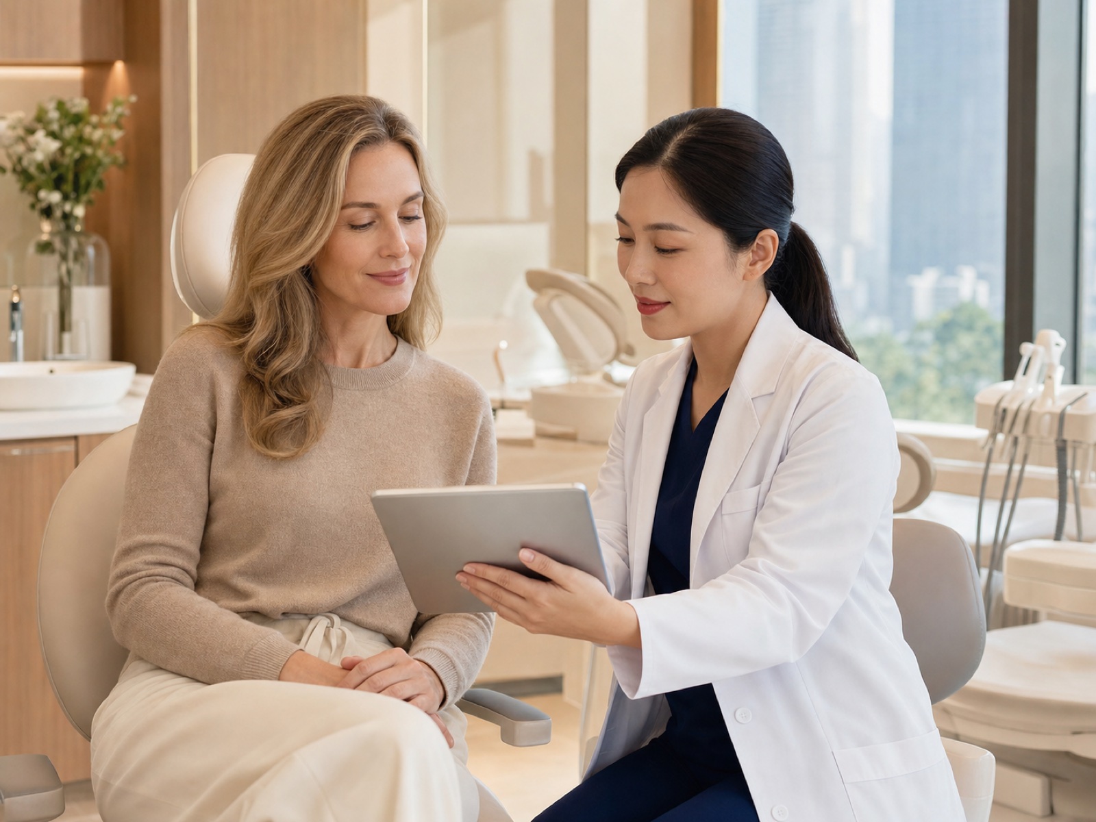 China Wellness Reset International traveler discussing care with a dentist in a modern Shenzhen clinic