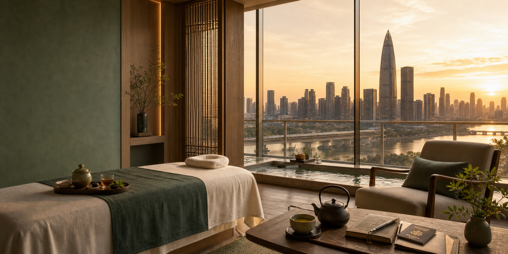 China Wellness Reset Premium Shenzhen wellness lounge with skyline view
